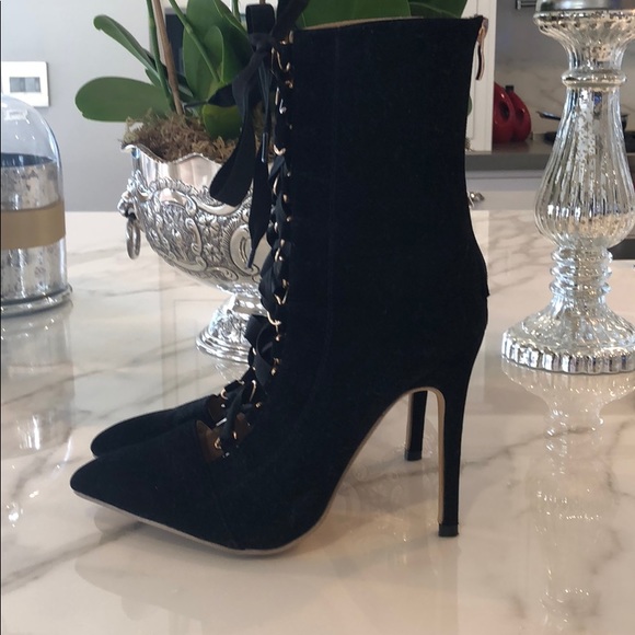 Sexy pointed toe velvet lace up boots - Picture 2 of 7